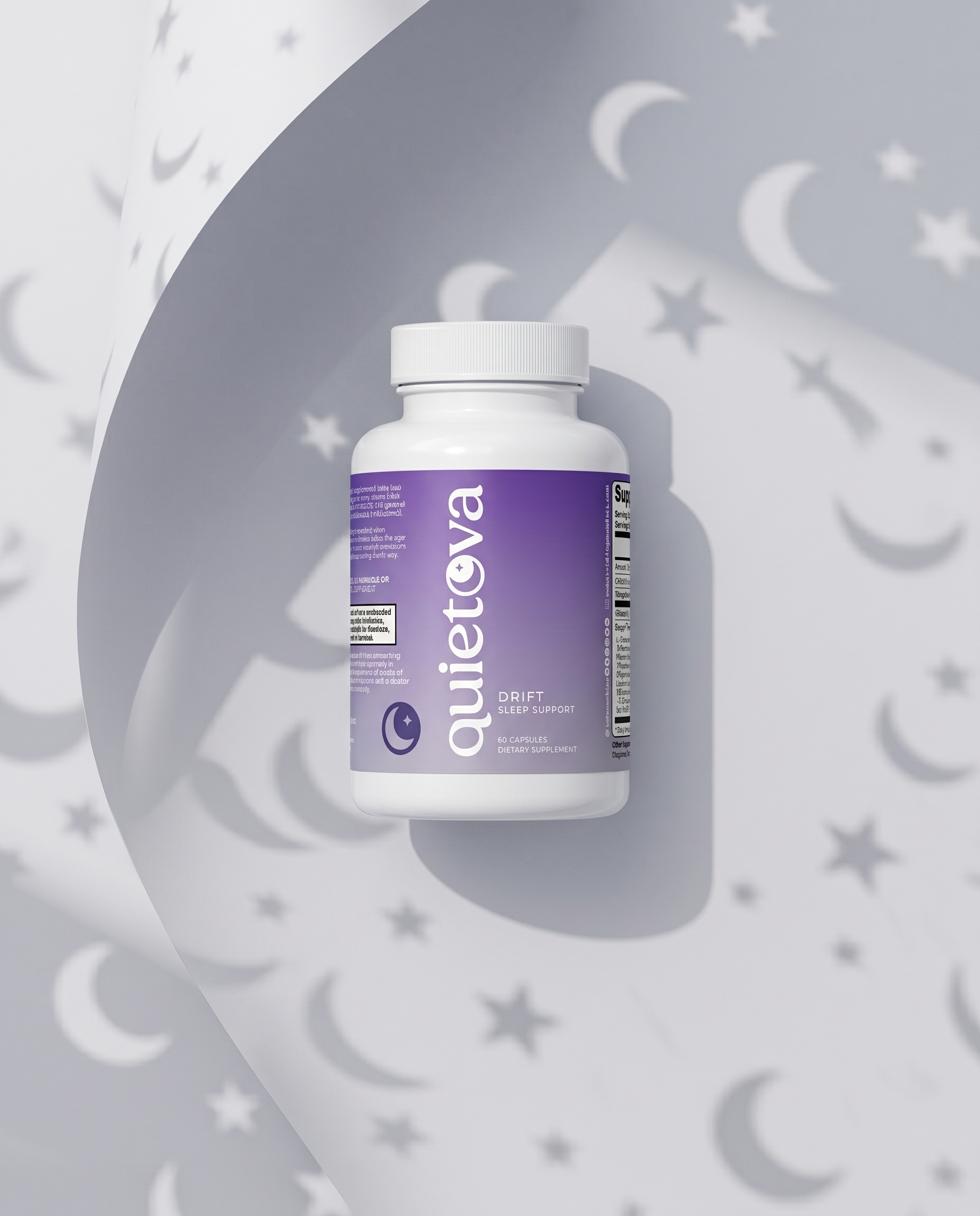 Quietova Drift bottle on a moon-and-stars backdrop