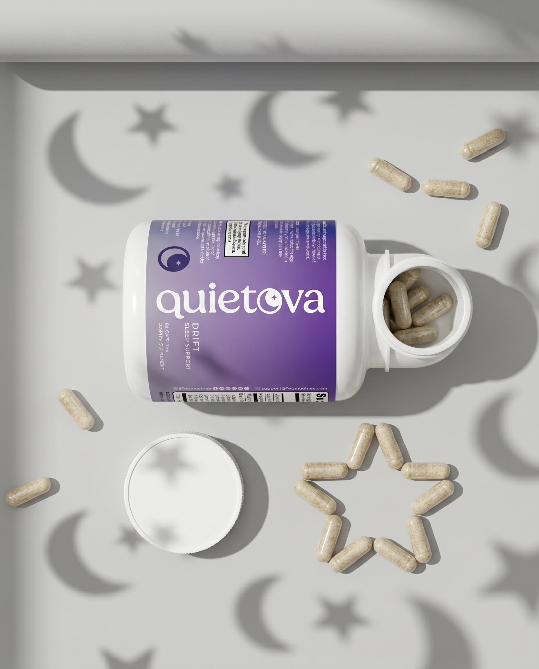 Quietova Drift bottle on a moon-and-stars backdrop